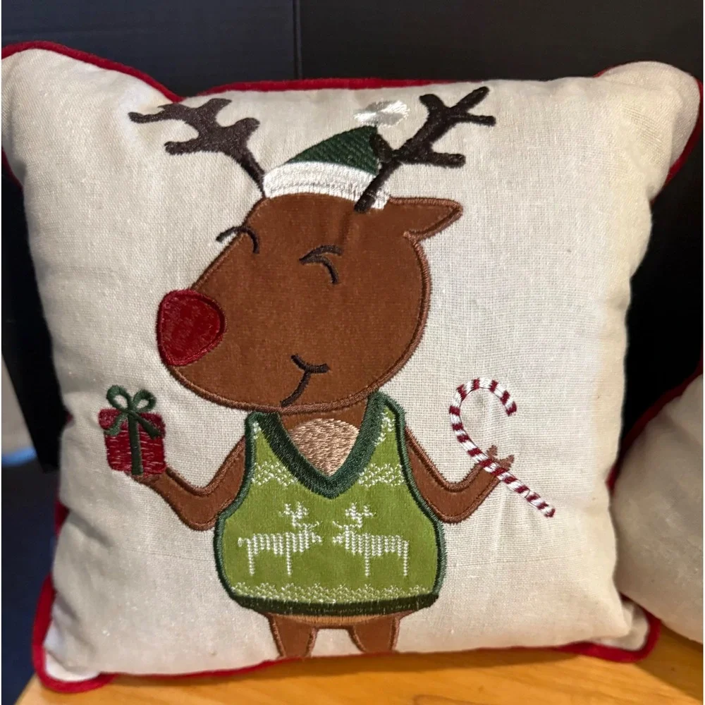 Throw Pillows Red Christmas Holiday Santa Reindeer 8 Inch Set of 2